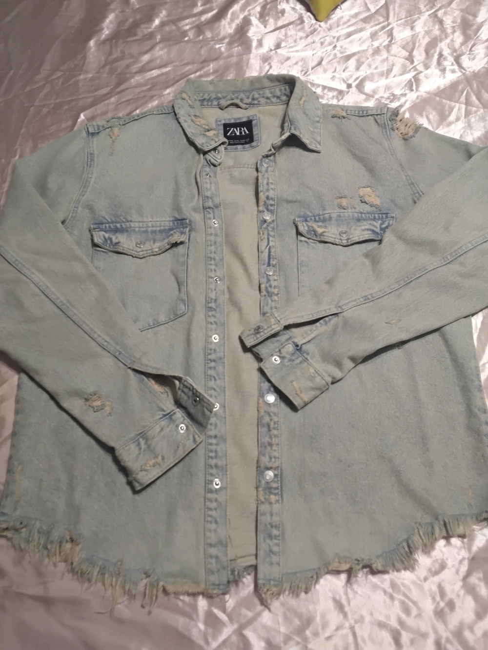 ZARA Light Wash Distressed Denim Shirt Jacket